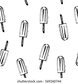 Summer seamless pattern in black and white. Rough black ink sketch of frozen juice popsicles. 