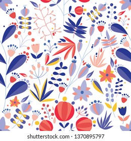 Summer seamless pattern with blooming flowers on white background. Floral backdrop with tender meadow wildflowers. Flat seasonal vector illustration in naive style for wallpaper, wrapping paper.