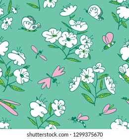 Summer seamless pattern with blossoming plants and flying insects around. Flowers and butterlies. Floral background with cute natural objects. Vector illustration in doodle sketchy style