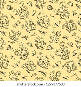 Summer seamless pattern with blossoming plants and flying insects around. Flowers and butterlies. Floral background with cute natural objects. Vector illustration in doodle sketchy style