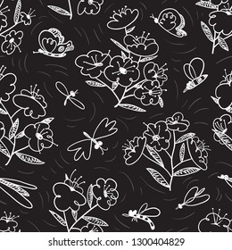 Summer seamless pattern with blossoming plants and flying insects around. Flowers and butterlies. Floral background with cute natural objects. Vector illustration in doodle sketchy style