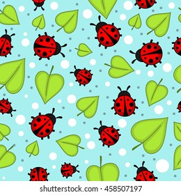 Summer seamless pattern blue background with ladybirds and green leaves.