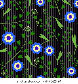 summer Seamless pattern with blue flowers and green grass on a striped dark background.Leaves heart-shaped.  illustration for fabric,textile,scrapbooking,wrapping paper.