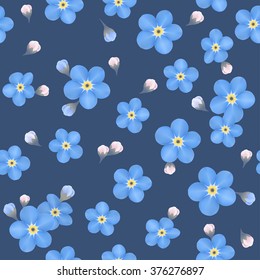 Summer seamless pattern with blue forget-me-nots on blue dark background