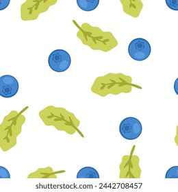 Summer seamless pattern with blueberry berries and leaves. Perfect print for paper, textile and fabric. Hand drawn vector illustration.


