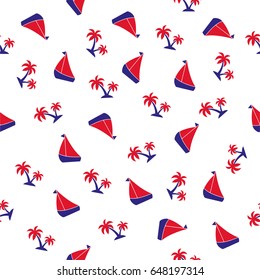 Summer seamless pattern with boats and palms
