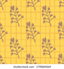 Summer seamless pattern with botanic grey silhouettes. Yellow chequered background. Simple design. Decorative backdrop for wallpaper, wrapping paper, textile print, fabric. Vector illustration.