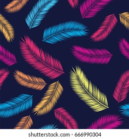 Summer seamless pattern with bright feathers for textile, wallpapers, gift wrap and scrapbook.  Trendy colors. Dark background. Vector illustration.