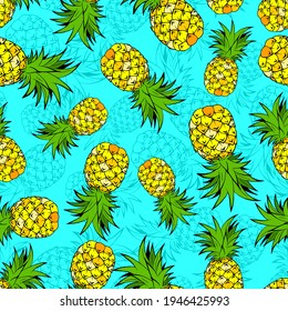 Summer seamless pattern with bright pineapple. Print for cloth design, wallpaper, wrapping, textiles, paper, holiday.