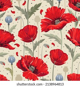 Summer seamless pattern with bright red poppy flowers and poppy seed pods. Surface design for interior decoration, textile printing, printed issues, invitation cards