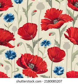 Summer seamless pattern with bright red poppy flowers and blue cornflowers. Surface design for interior decoration, textile printing, printed issues, wrapping paper