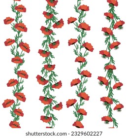 Summer seamless pattern with bright red poppy flowers and poppy pods. Field, meadow of poppies. Garland, flower border