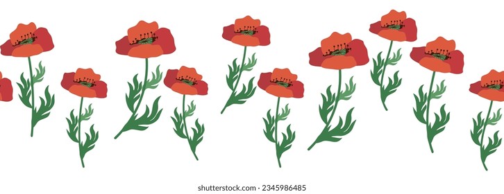 Summer seamless pattern with bright red poppy flowers and poppy pods. Garland, flower border.