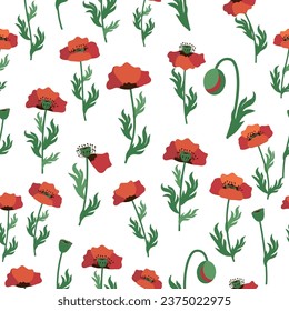 Summer seamless pattern with bright red poppy flowers and poppy pods. Field, meadow of poppies.