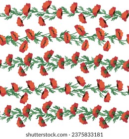 Summer seamless pattern with bright red poppy flowers and poppy pods. Field, meadow of poppies. Garland, flower border