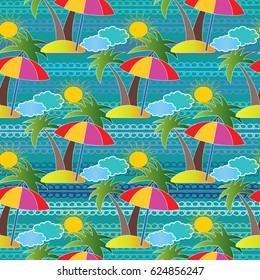 Summer seamless pattern, Bright  sea marine background with colorful cartoon palms, umbrella, clouds,sun, waves. Colored kids wallpaper. Travel illustration. Vector texture for fabric, textile, prints