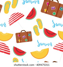 Summer seamless pattern with brush hand painted lettering phrase Summer isolated on the white background with colorful watermelon, melon, step-ins, parasol, suitcase icons. 