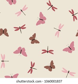Summer seamless pattern with butterfly and dragonfly on a light background. Vector.