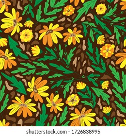 Summer seamless pattern with calendula flowers and plants on brown background. Stylized Marigold Flowers. Cartoon vector illustration. Floral print for textile. Fabric art