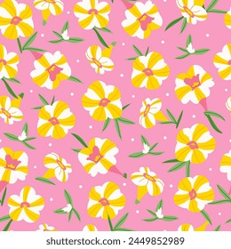 Summer seamless pattern with calibrachoa petunia yellow and white flowers on pink background. Spring vector illustration for print, fabric, tablecloth, wrapping paper, wallpaper, textile