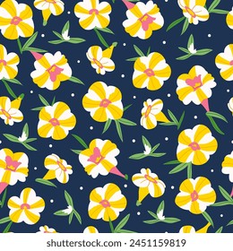 Summer seamless pattern with calibrachoa petunia yellow and white flowers on blue background. Spring vector illustration for print, fabric, tablecloth, wrapping paper, wallpaper, textile