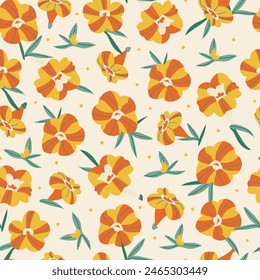 Summer seamless pattern with calibrachoa petunia yellow and orange flowers on beige background. Spring vector illustration for print, fabric, tablecloth, wrapping paper, wallpaper, textile