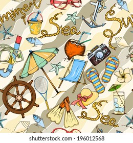Summer seamless pattern can be used for wallpaper, website background, wrapping paper. Hand drawn vector summer symbols and objects. Travel colorful tropical holiday design. Summer vacation concept