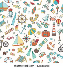 Summer seamless pattern can be used for wallpaper, website background. Doodles hand drawn vector summer symbols and objects