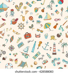 Summer seamless pattern can be used for wallpaper, website background. Doodles hand drawn vector summer symbols and objects