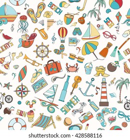 Summer seamless pattern can be used for wallpaper, website background. Doodles hand drawn vector summer symbols and objects