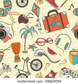 Summer seamless pattern can be used for wallpaper, website background, wrapping paper. Hand drawn vector summer symbols and objects. Travel colorful tropical holiday design. Summer vacation concept