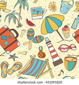 Summer seamless pattern can be used for wallpaper, website background, wrapping paper. Hand drawn vector summer symbols and objects. Travel colorful tropical holiday design. Summer vacation concept