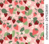 Summer seamless pattern and card design with wild strawberries and flowers, seasonal strawberry wallpaper, cute design for fabric, interior decor