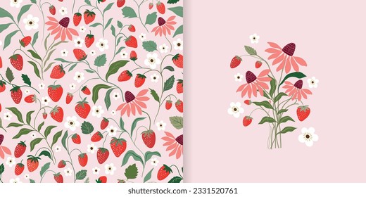 Summer seamless pattern and card design with wild strawberries and flowers, seasonal strawberry wallpaper, cute design for fabric, interior decor, wrapping paper