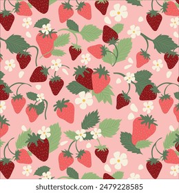 Summer seamless pattern and card design with wild strawberries and flowers, seasonal strawberry wallpaper, cute design for fabric, interior decor