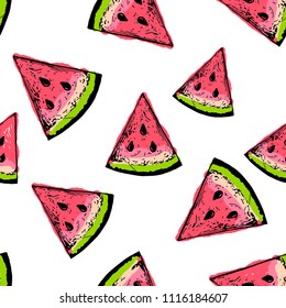 Summer seamless pattern card. Sketch of watermelon. Vintage engraved illustration isolated on white background. Template for label, poster, postcard, invitation, flyer, logo, web. 
