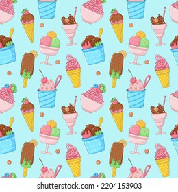 Summer seamless pattern with cartoon bright ice cream, popsicle, strawberry, chocolate. Wrapping paper, fabric, wallpaper design. Sweet summer food. Vector colorful illustrations on blue background.