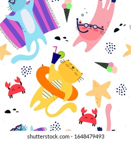 summer seamless pattern with cartoon cats, decor elements. colorful vector for kids, flat style. hand drawing. animals. Baby design for fabric, textile, print, wrapper.