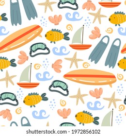 summer seamless pattern with cartoon Flippers, swimming mask, fish, boat, surfboard, shell, starfish, decor elements. colorful vector, flat style. design for fabric, textile, print, wrapper.