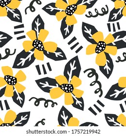 summer seamless pattern with cartoon flowers, decor elements. colorful vector, hand drawing. design for fabric, print, textile, wrapper