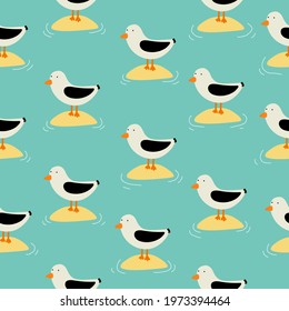 summer seamless pattern with cartoon gull, decor elements. colorful vector, flat style. design for fabric, textile, print, wrapper.