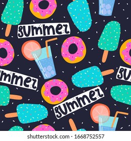 summer seamless pattern with cartoon ice cream, cocktail, donuts, hand drawing lettering, decor elements on a neutral background. colorful vector, flat style. design for fabric, textile, print, wrappe
