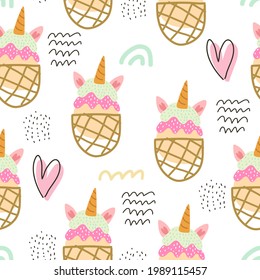 summer seamless pattern with cartoon ice cream, decor elements. colorful vector for kids, hand drawing flat style. baby design for fabric, print, textile, wrapper