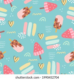 summer seamless pattern with cartoon ice cream, decor elements. colorful vector for kids, hand drawing flat style. baby design for fabric, print, textile, wrapper