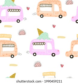 summer seamless pattern with cartoon ice cream car, decor elements. colorful vector for kids, hand drawing flat style. baby design for fabric, print, textile, wrapper