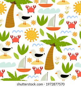 Summer seamless pattern with cartoon palm, bird, crab, ship, sun, decor elements. colorful vector, flat style. design for fabric, textile, print, wrapper.