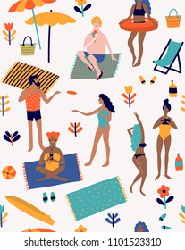 Summer seamless pattern with cartoon people