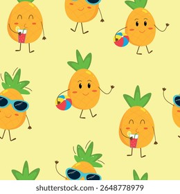 Summer seamless pattern with cartoon pineapples with ball, sunglasses and cocktail. Summer beach party concept. Template for wrapping paper, and children's textiles. 