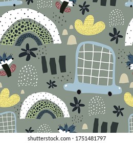 Sommernahtloses Muster mit Cartoon-Regenbögen, Autos, Blumen, Dekorelementen auf neutralem Hintergrund. bunter Vektorgrafik, handgezeichnet. Design für Gewebe, Druck, Textilien, Wrapper