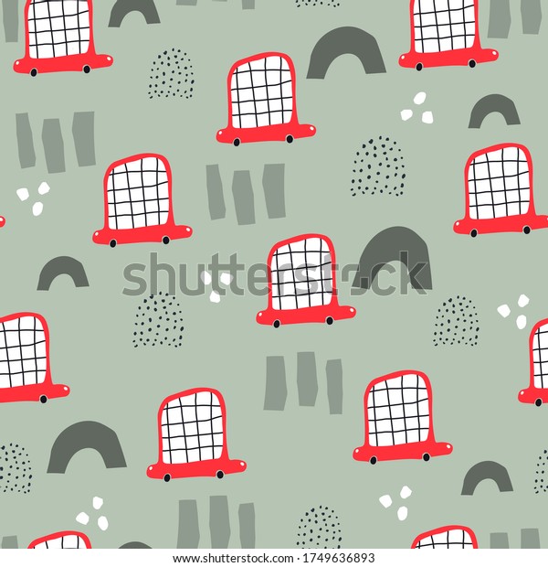 summer seamless pattern\
with cartoon rainbows, cars, decor elements on a neutral\
background. colorful vector, hand drawing. design for fabric,\
print, textile, wrapper